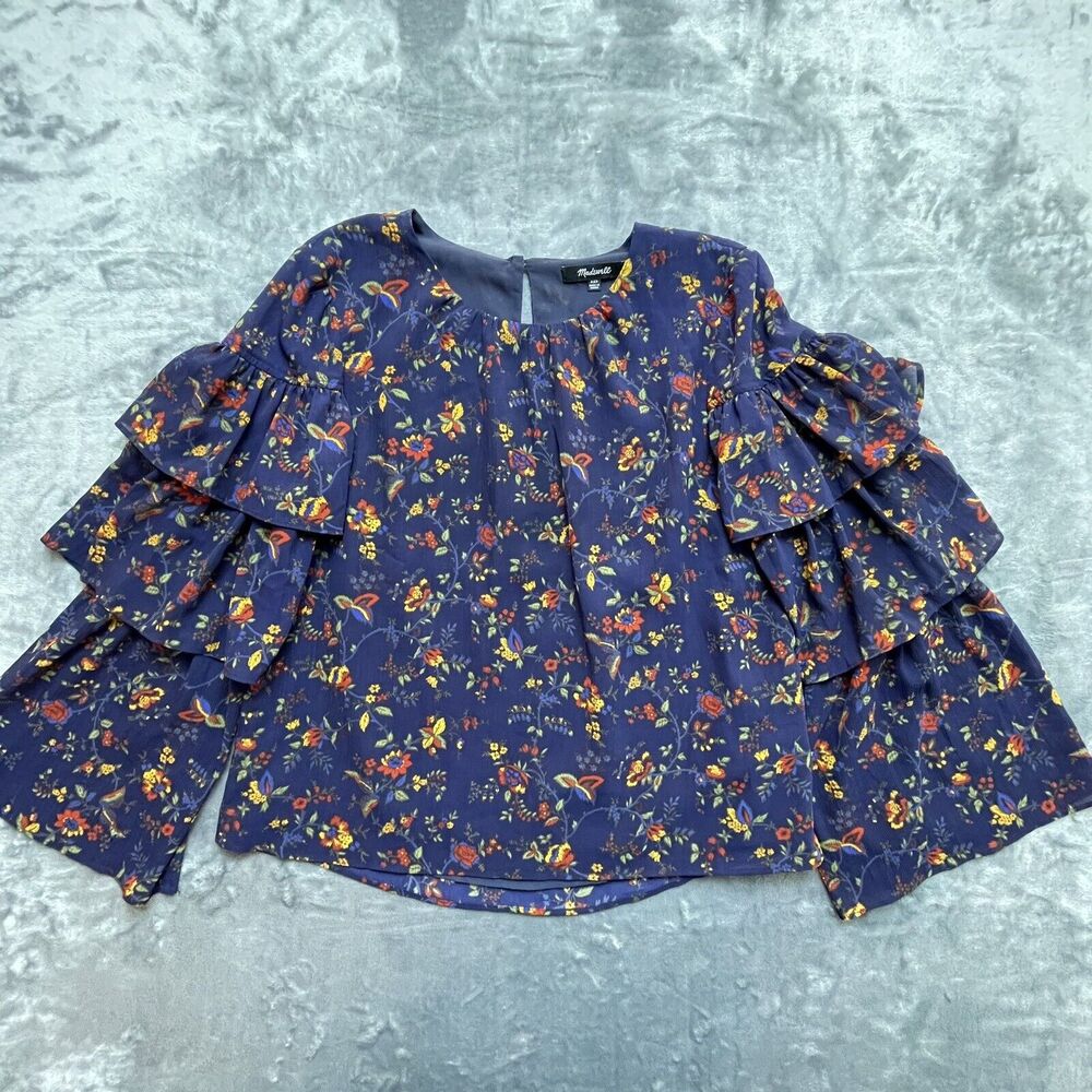 Madewell Shirt Womens XXS Blue Floral Flowy Ruffles Boho Hippie Peasant Cottage